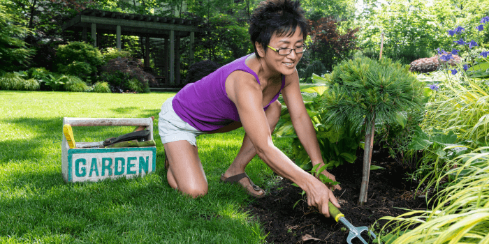 A happy woman mulching her flower garden